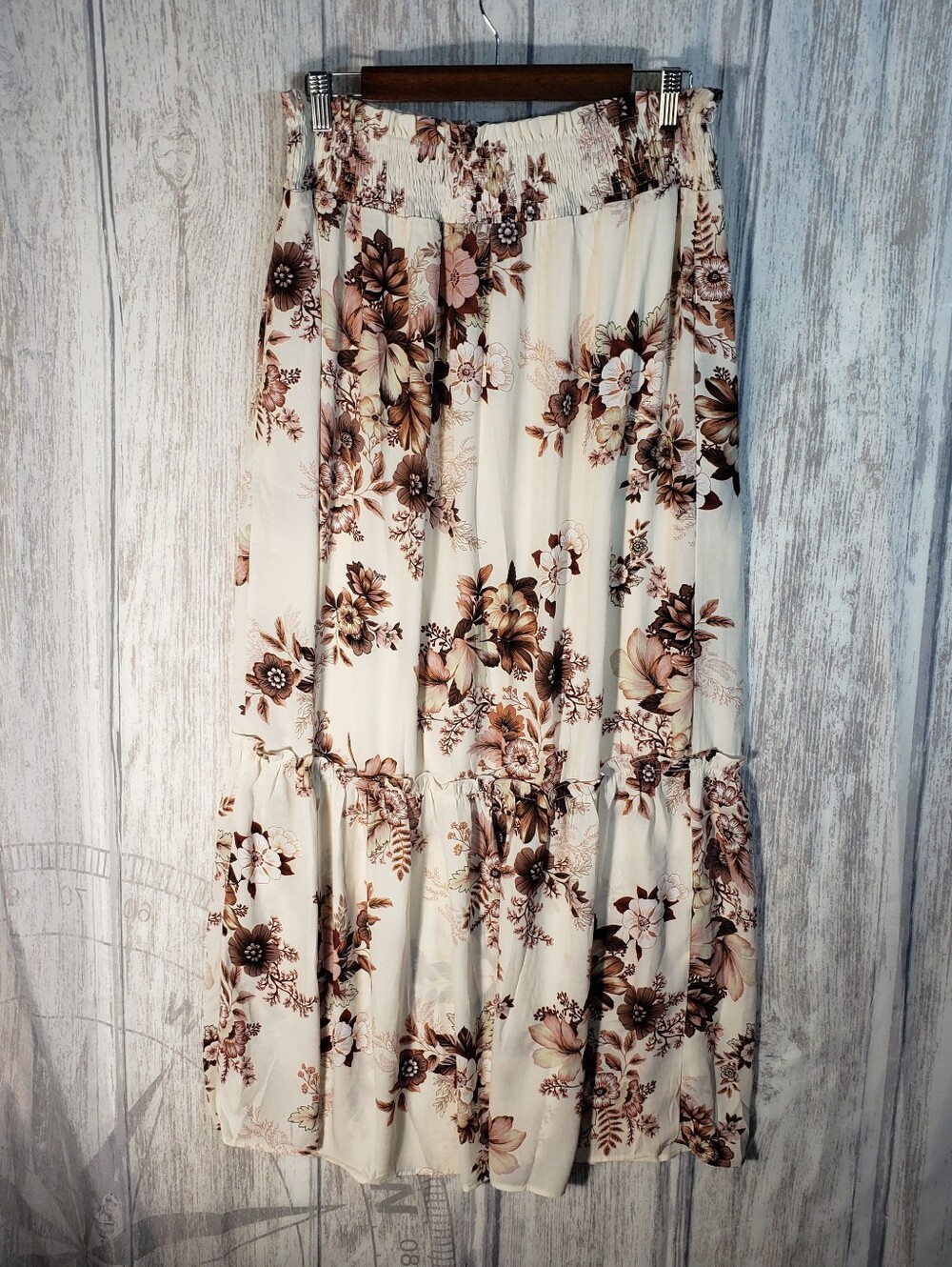 TIered maxi Pull On Elastic Smocked Waist Skirt Lined Floral Overlay Prairie M